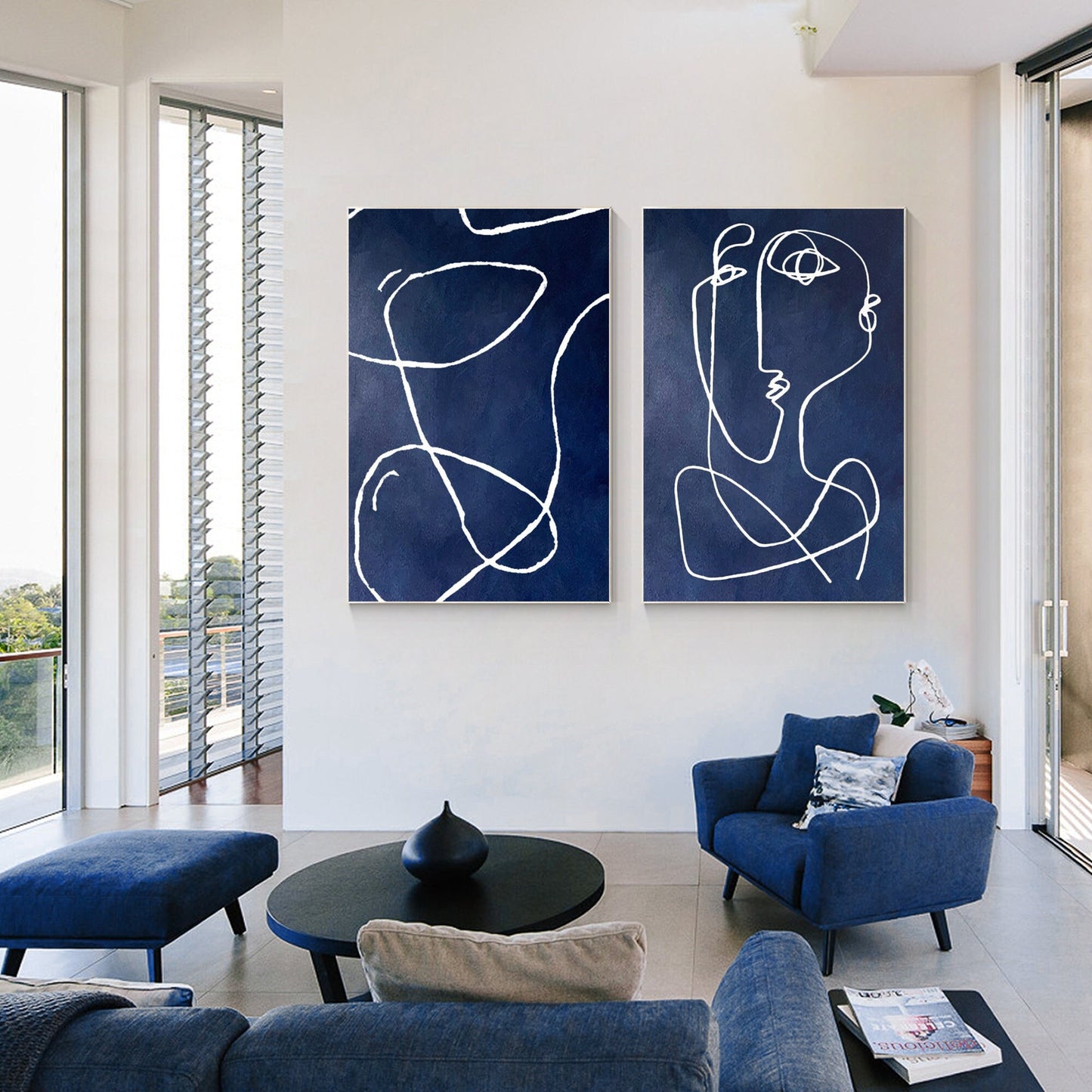 Navy Blue Abstract Line Art Painting: Set of 2, Modern Home Decor #2