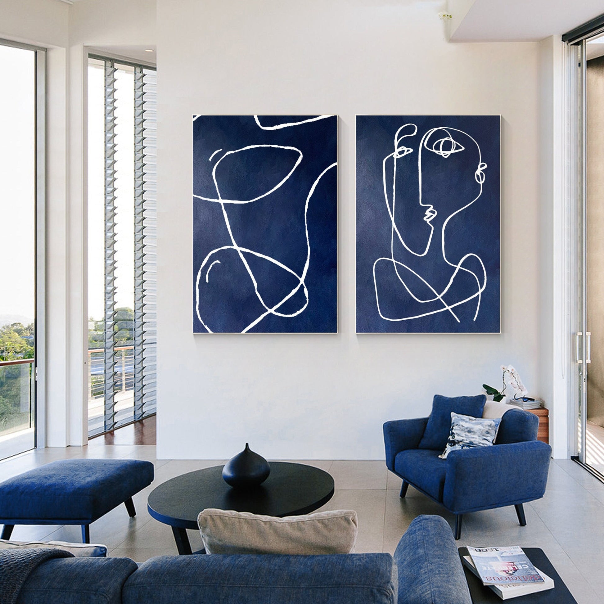 Navy Blue Abstract Line Art Painting: Set of 2, Modern Home Decor #2