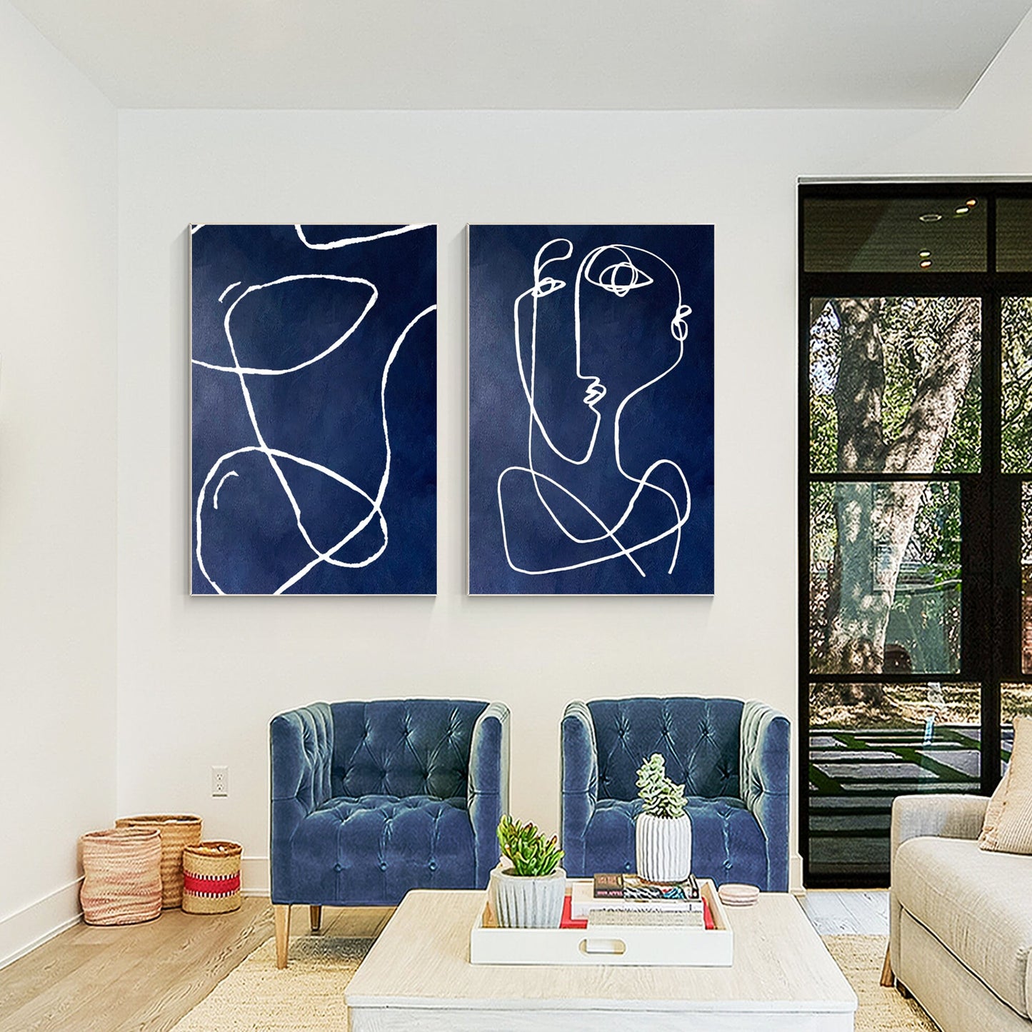 Navy Blue Abstract Line Art Painting: Set of 2, Modern Home Decor #3