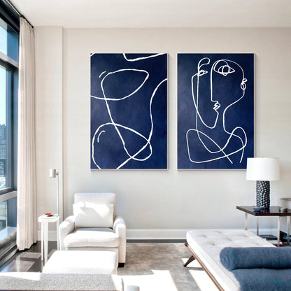 Navy Blue Abstract Line Art Painting: Set of 2, Modern Home Decor #4