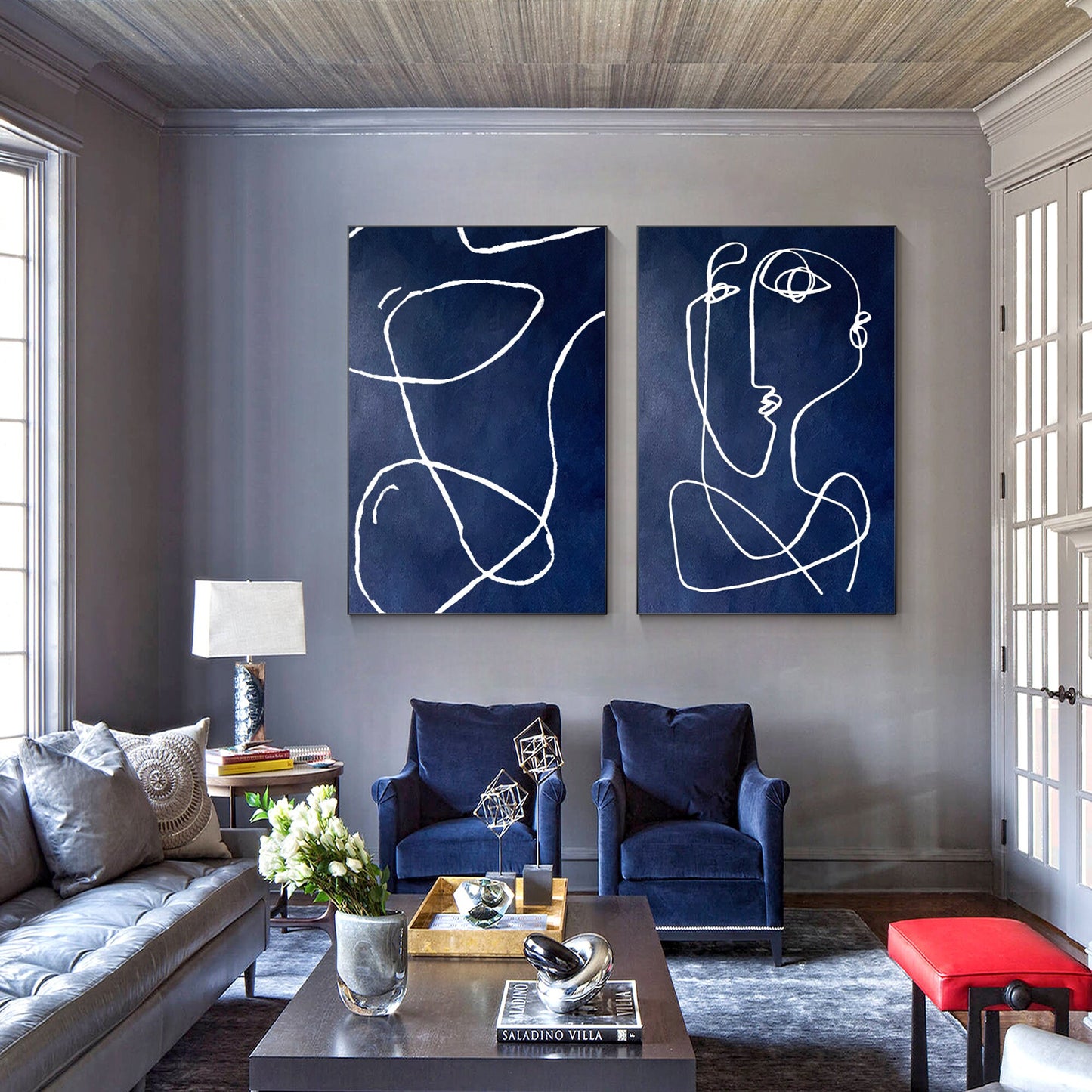 Navy Blue Abstract Line Art Painting: Set of 2, Modern Home Decor #5