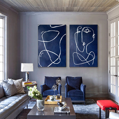 Navy Blue Abstract Line Art Painting: Set of 2, Modern Home Decor #5