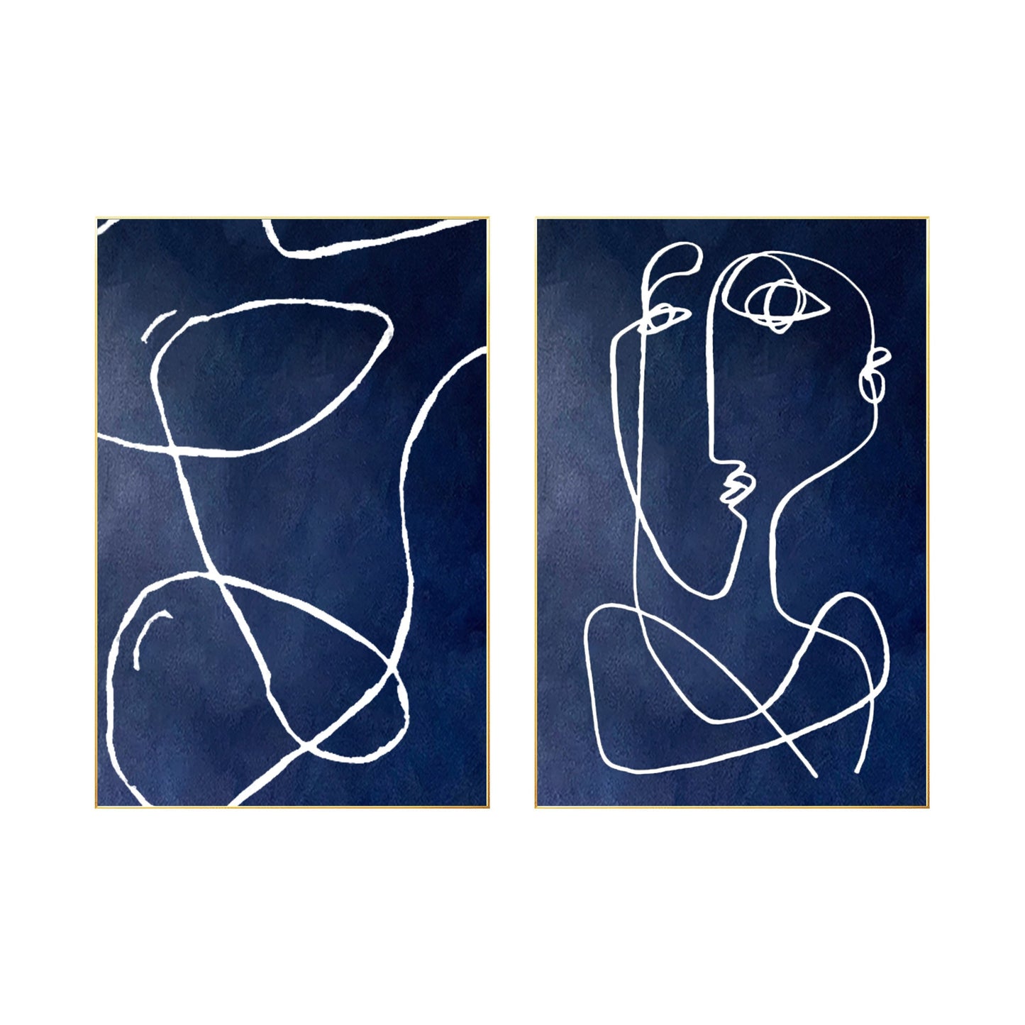 Navy Blue Abstract Line Art Painting: Set of 2, Modern Home Decor #8