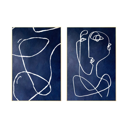 Navy Blue Abstract Line Art Painting: Set of 2, Modern Home Decor #8