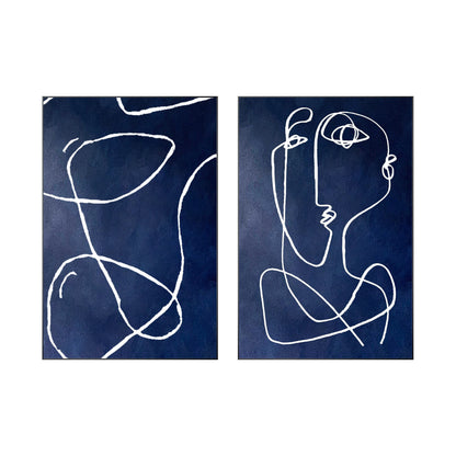 Navy Blue Abstract Line Art Painting: Set of 2, Modern Home Decor #10