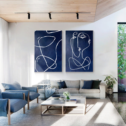Navy Blue Abstract Line Art Painting: Set of 2, Modern Home Decor #1