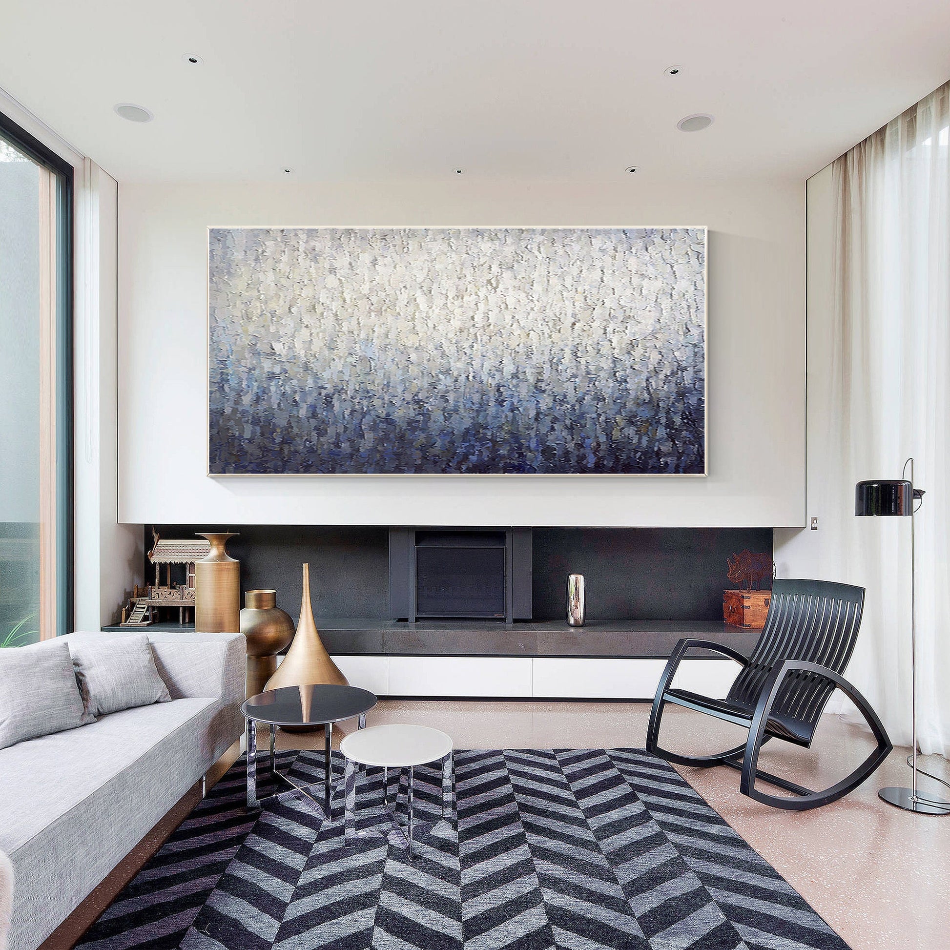 Navy Blue Abstract Painting, Heavy Texture Framed Canvas Wall Art, Modern Handma #3