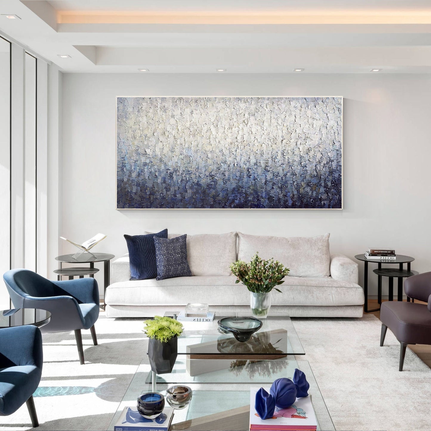 Navy Blue Abstract Painting, Heavy Texture Framed Canvas Wall Art, Modern Handma #1