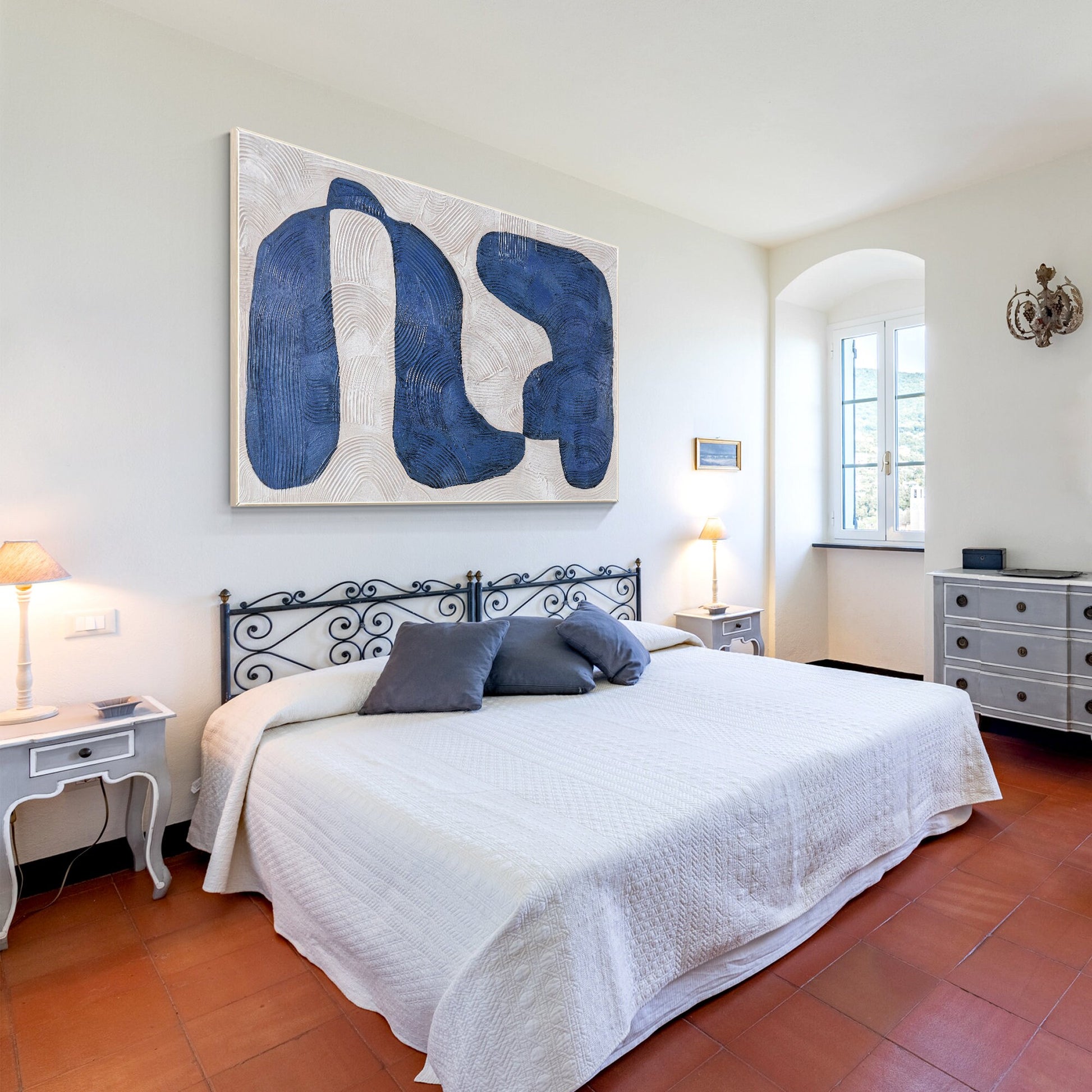 Navy Blue Abstract Painting: Large Modern Framed Canvas Art #2