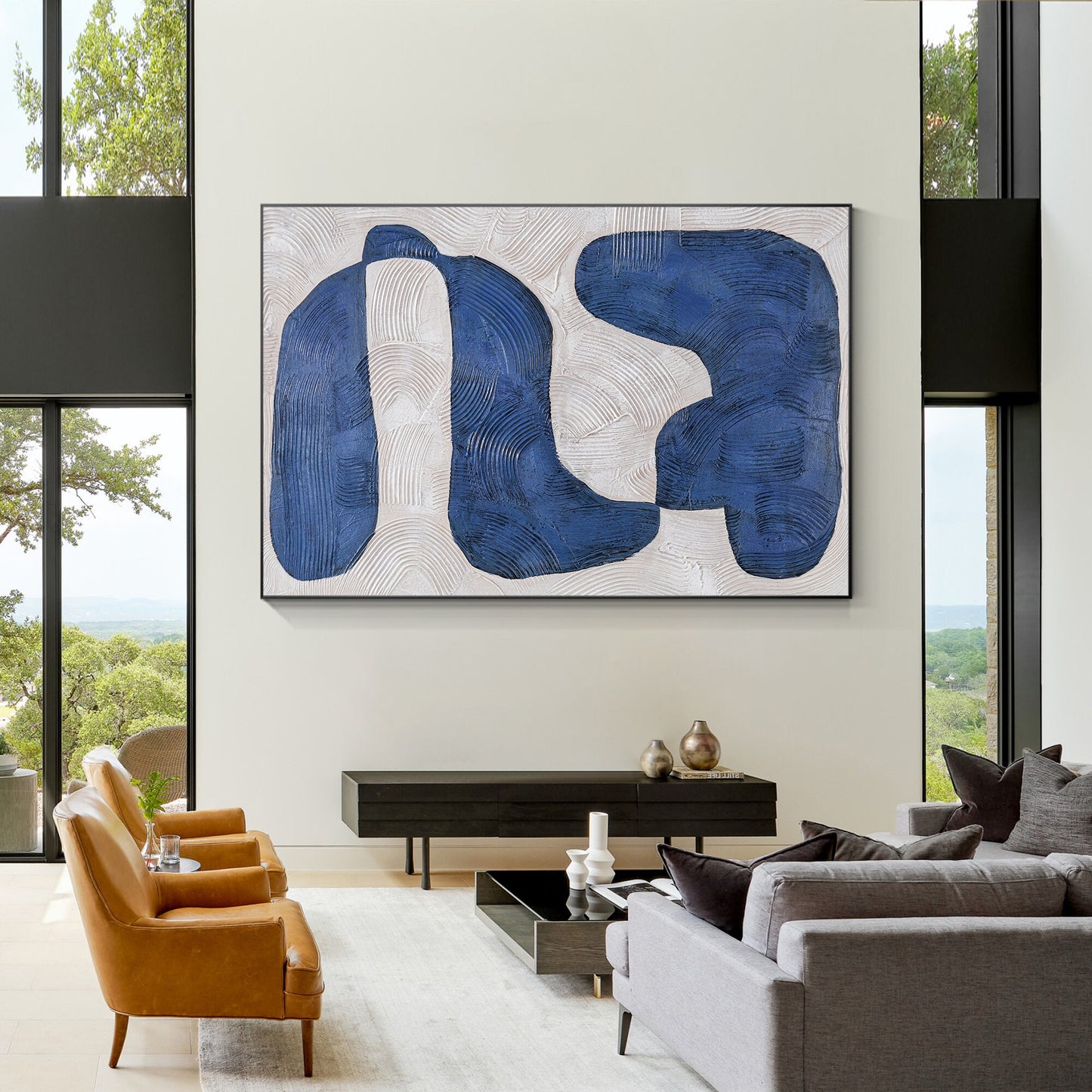 Navy Blue Abstract Painting: Large Modern Framed Canvas Art #3
