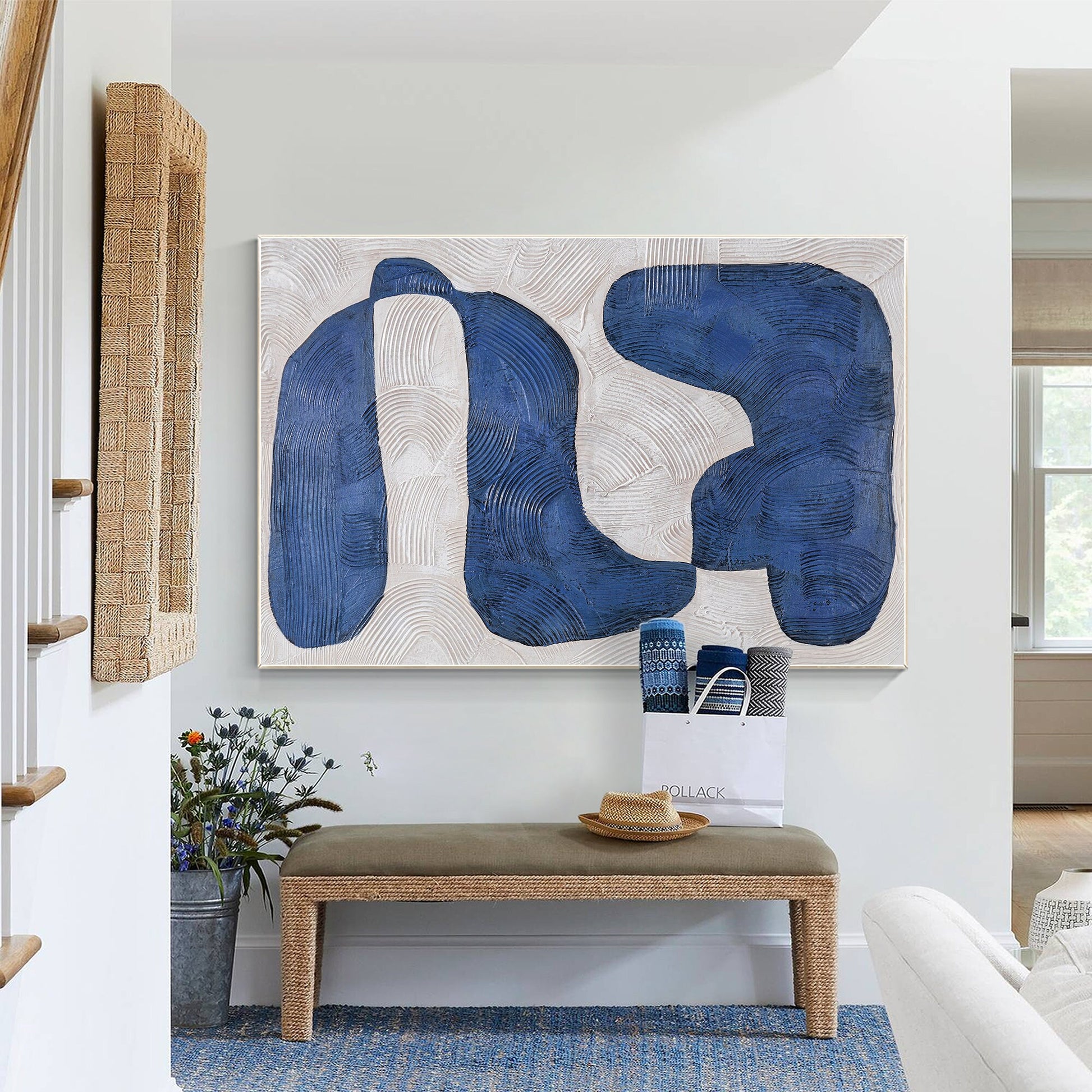 Navy Blue Abstract Painting: Large Modern Framed Canvas Art #4