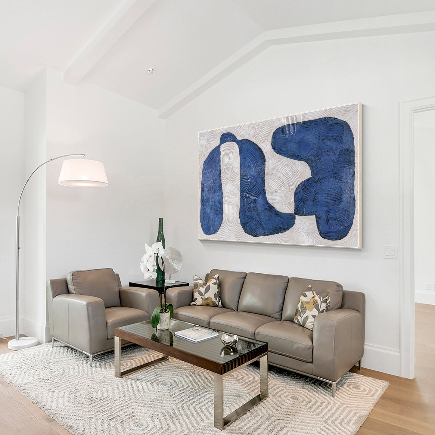 Navy Blue Abstract Painting: Large Modern Framed Canvas Art #5