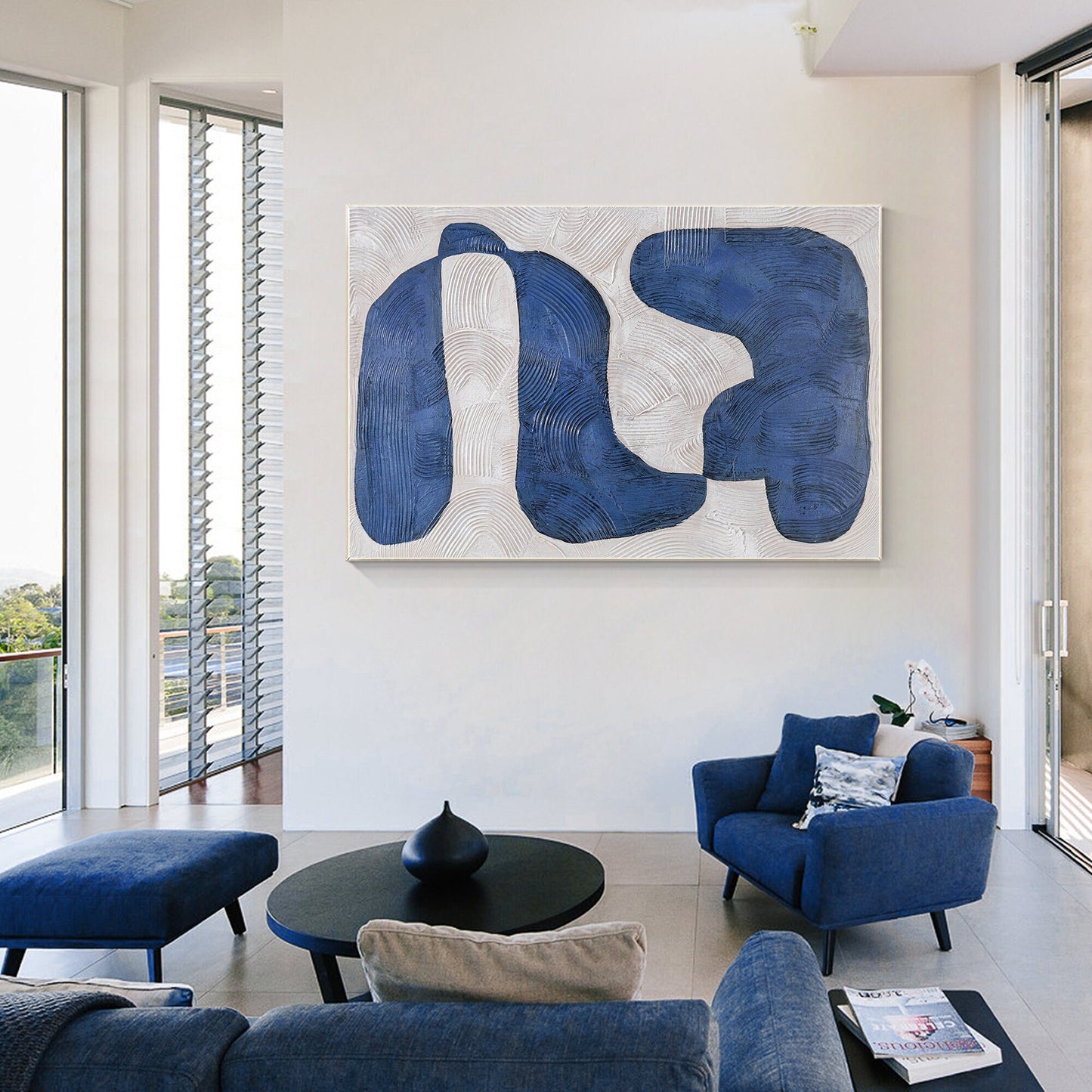 Navy Blue Abstract Painting: Large Modern Framed Canvas Art #1