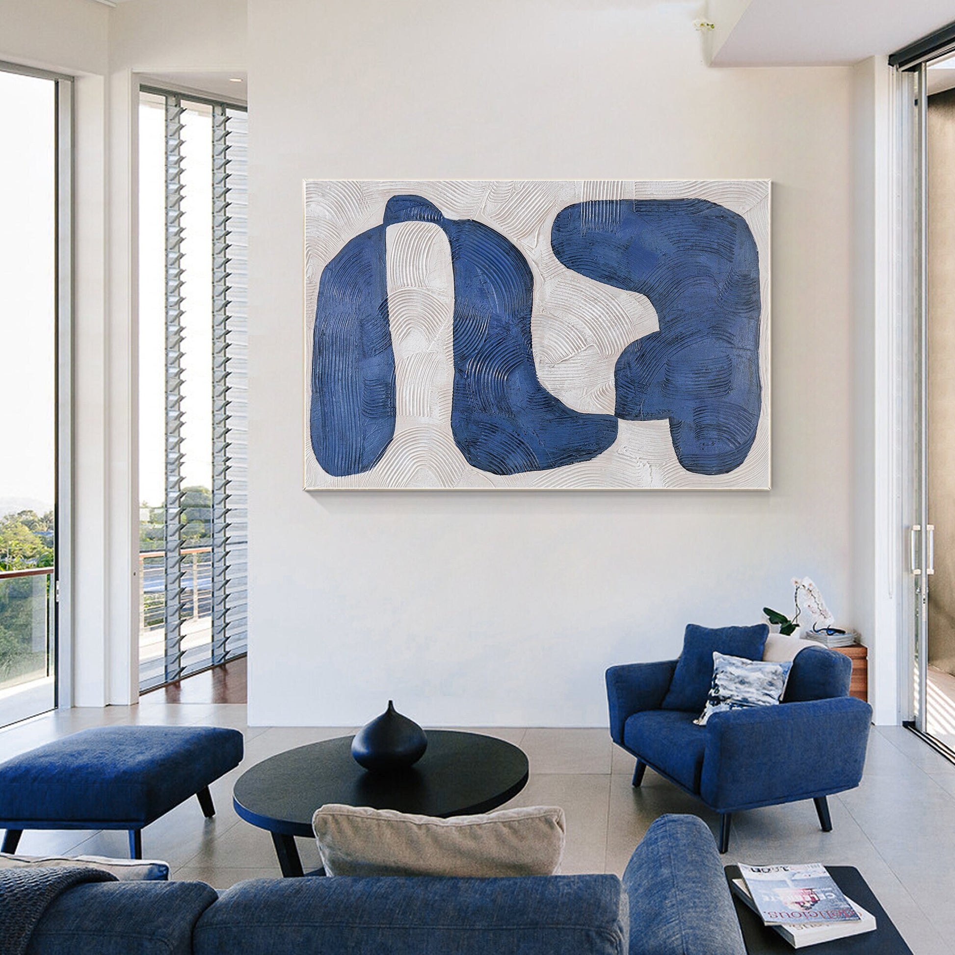 Navy Blue Abstract Painting: Large Modern Framed Canvas Art #1