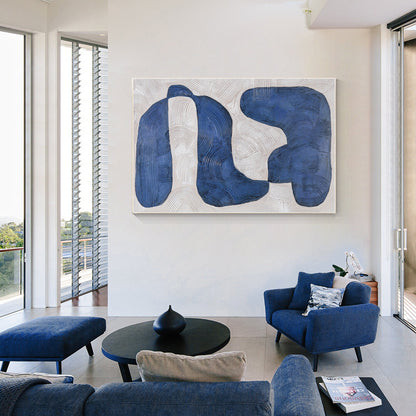 Navy Blue Abstract Painting: Large Modern Framed Canvas Art #1