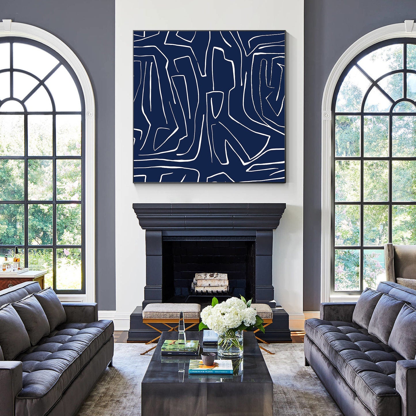 Navy Blue Abstract Painting: Minimalist Canvas Wall Art #5