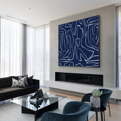 Navy Blue Abstract Painting: Minimalist Canvas Wall Art #1