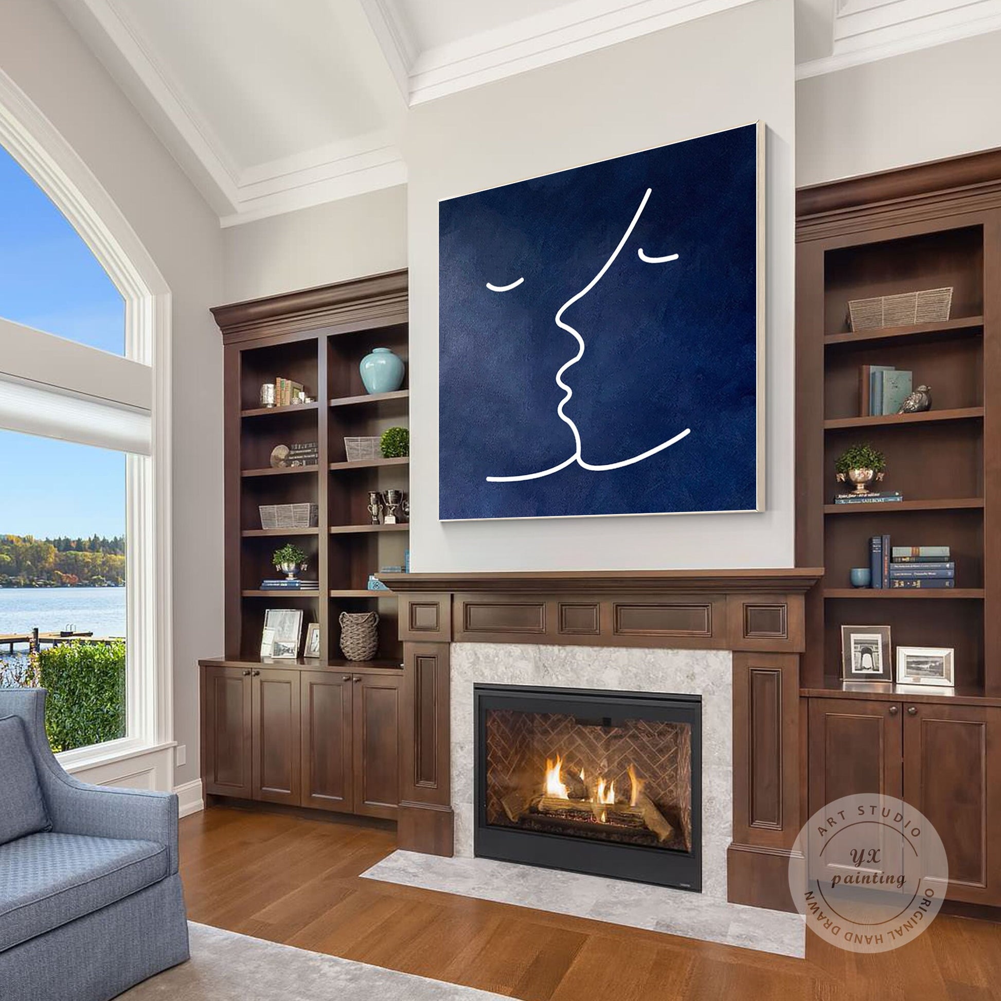 Navy Blue Abstract Painting: Minimalist Home Wall Art #4