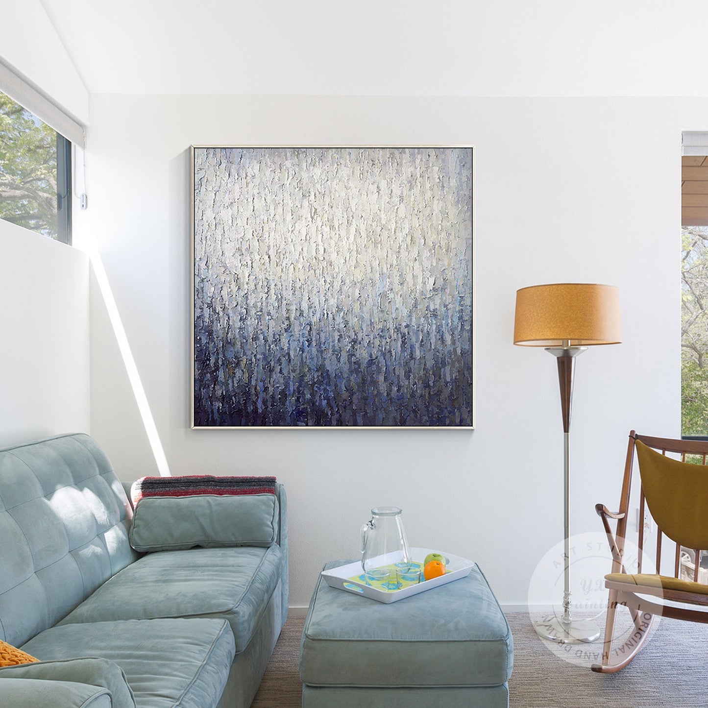 Navy Blue Abstract Painting on Canvas: Framed Nordic Wall Art #3