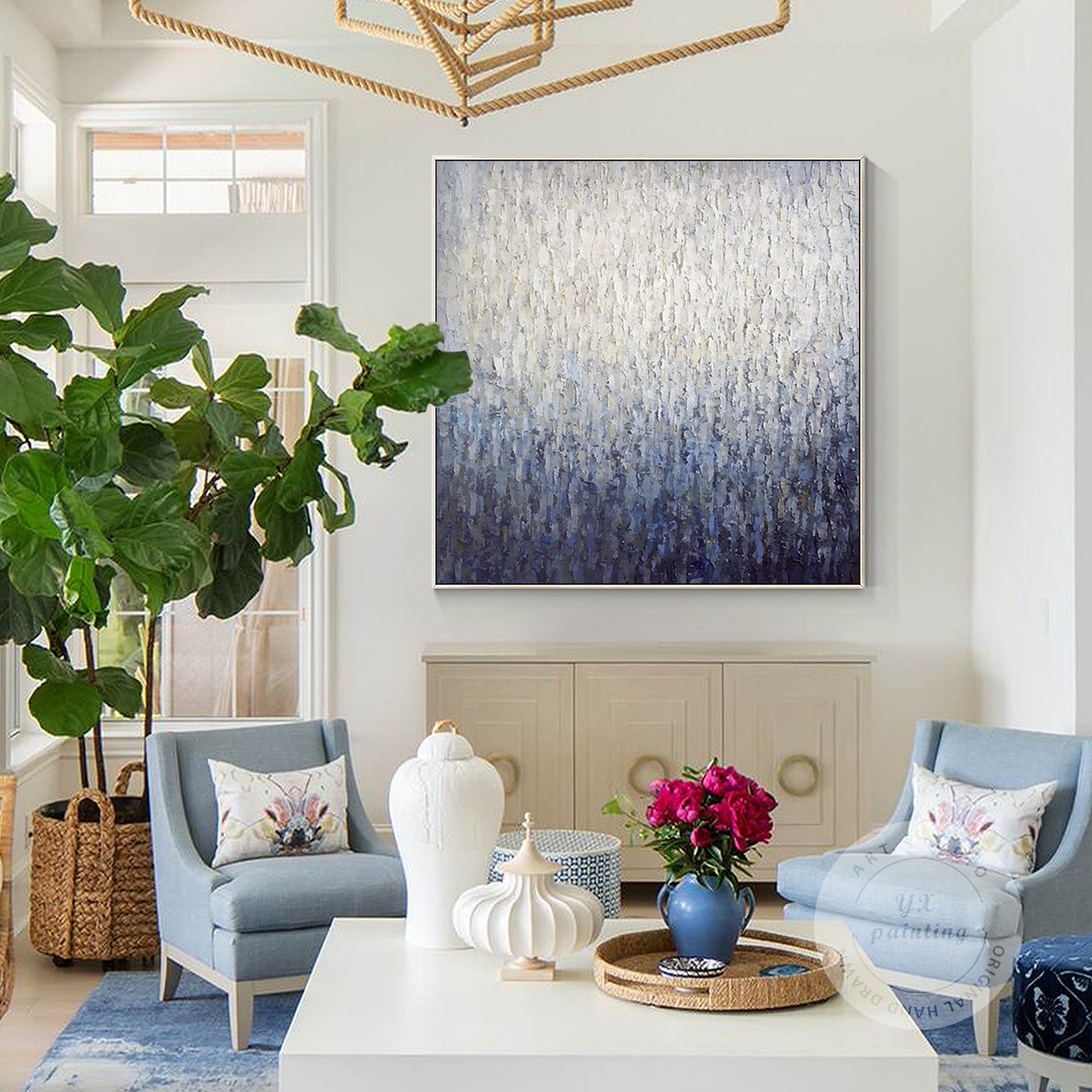 Navy Blue Abstract Painting on Canvas: Framed Nordic Wall Art #4