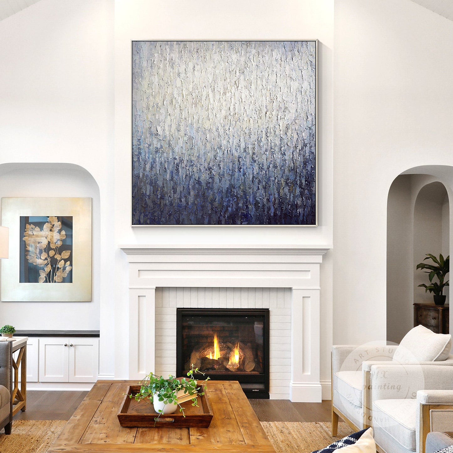 Navy Blue Abstract Painting on Canvas: Framed Nordic Wall Art #5