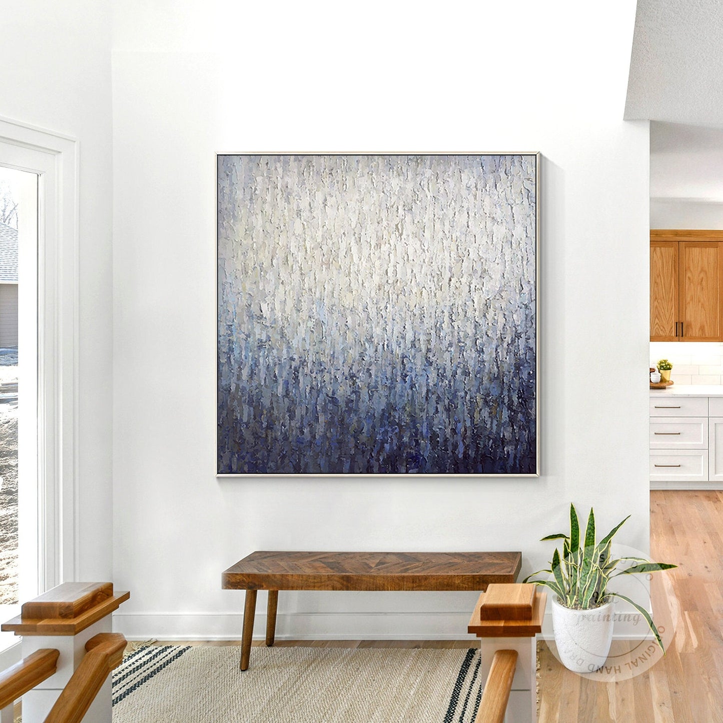 Navy Blue Abstract Painting on Canvas: Framed Nordic Wall Art #1