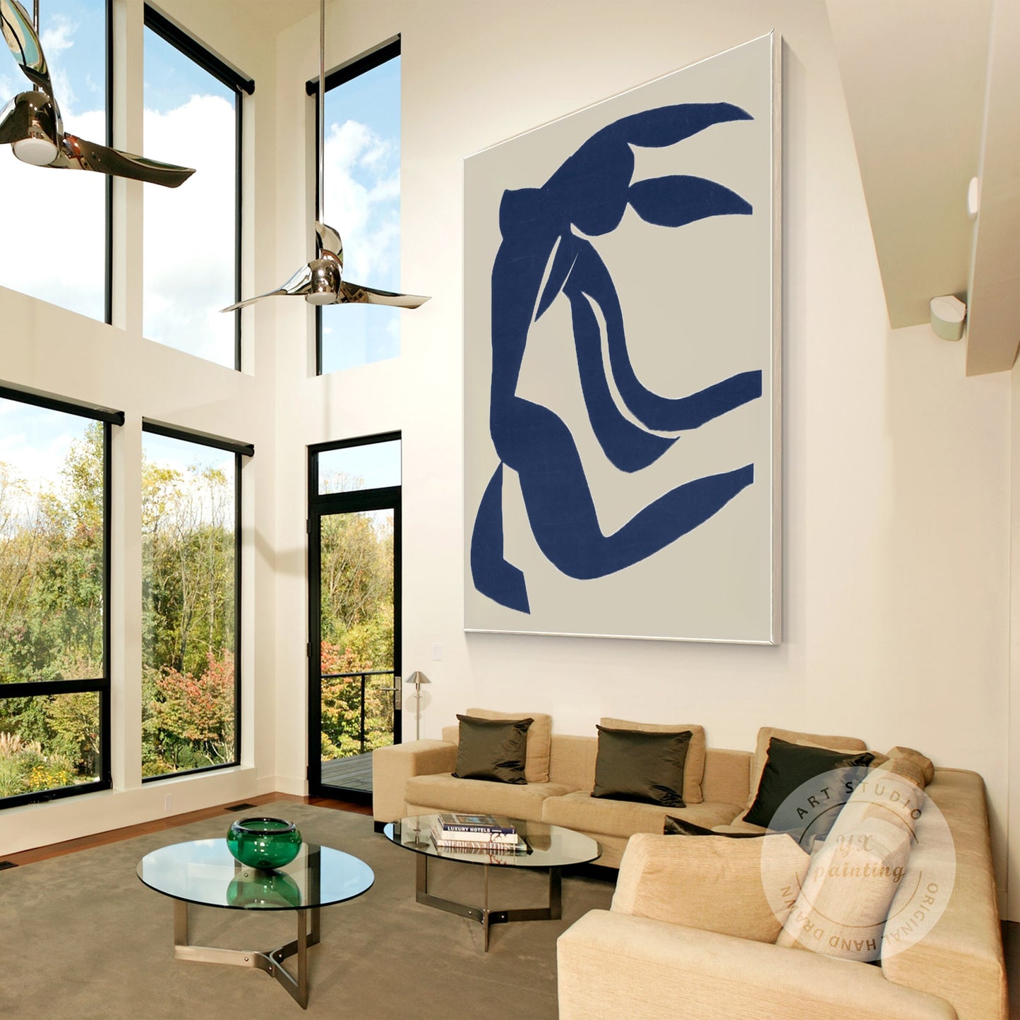 Navy Blue Abstract Painting on Canvas: Minimalist Wall Art #3