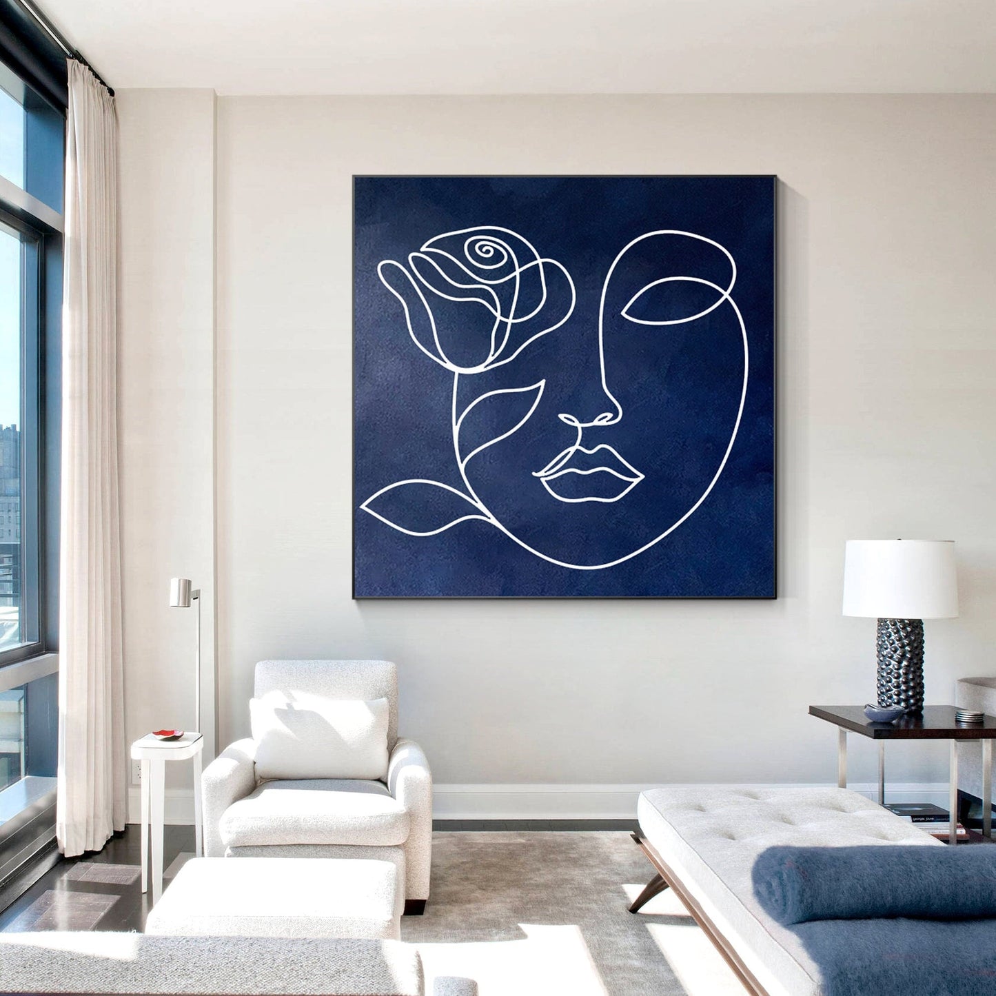 Navy Blue Abstract Painting: Picasso Line Art, Minimalist Living Room Decor #2