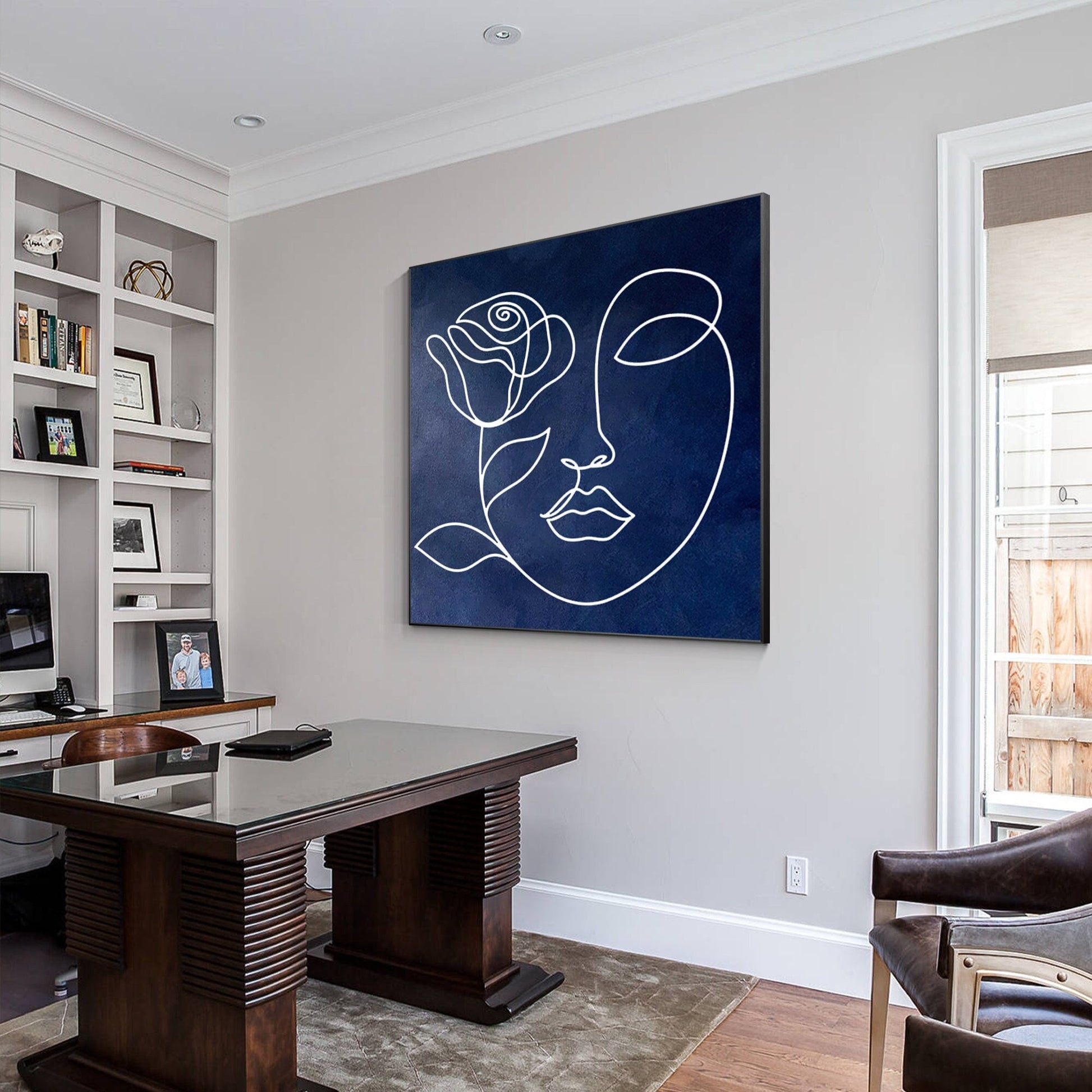 Navy Blue Abstract Painting: Picasso Line Art, Minimalist Living Room Decor #3