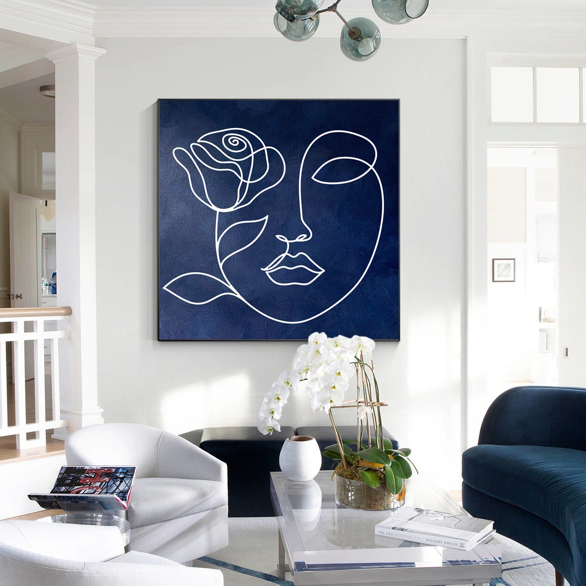 Navy Blue Abstract Painting: Picasso Line Art, Minimalist Living Room Decor #4