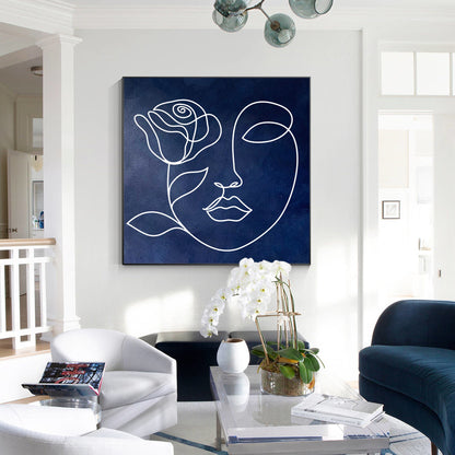 Navy Blue Abstract Painting: Picasso Line Art, Minimalist Living Room Decor #4