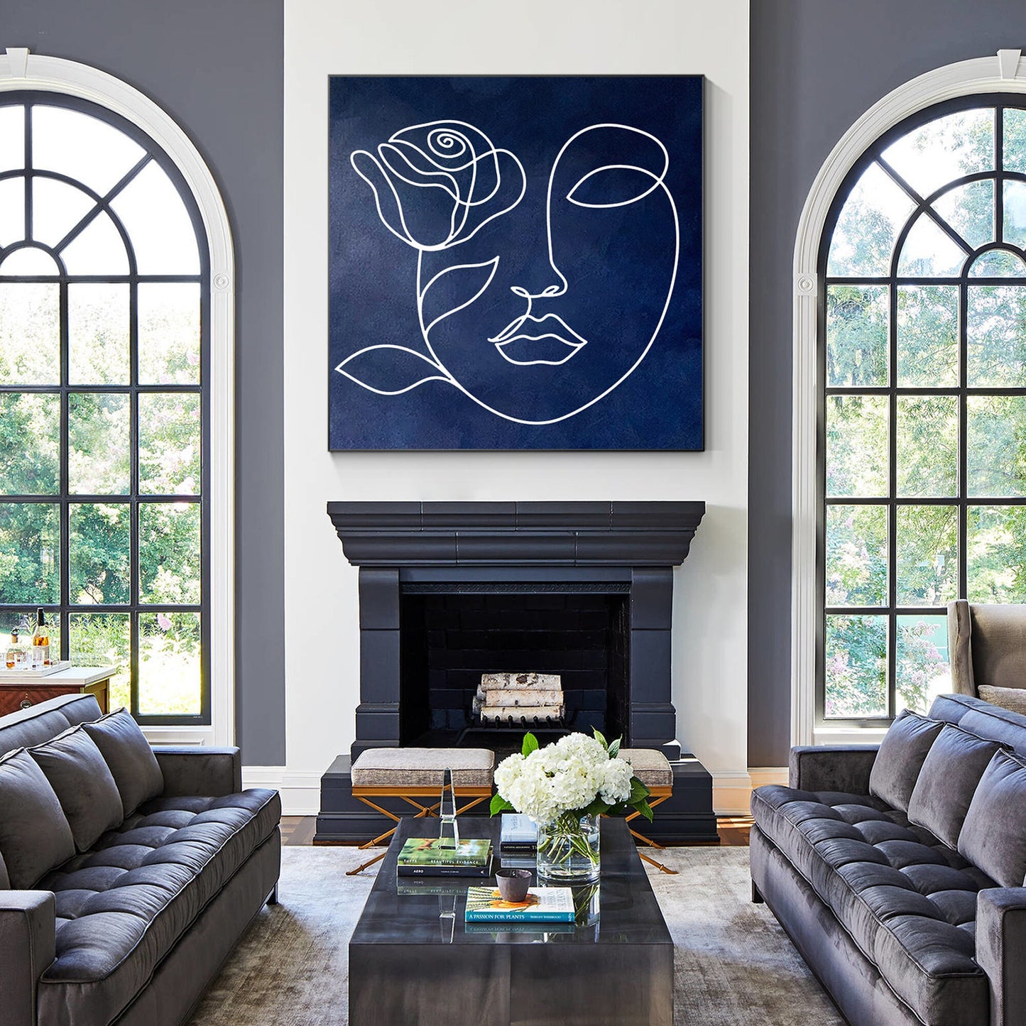 Navy Blue Abstract Painting: Picasso Line Art, Minimalist Living Room Decor #5