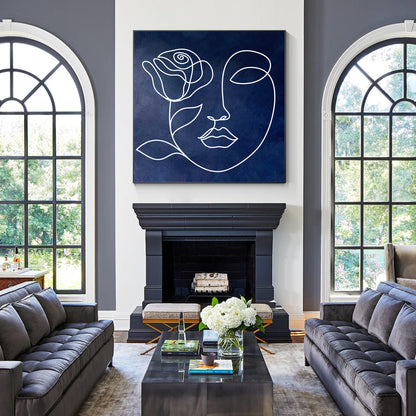 Navy Blue Abstract Painting: Picasso Line Art, Minimalist Living Room Decor #5