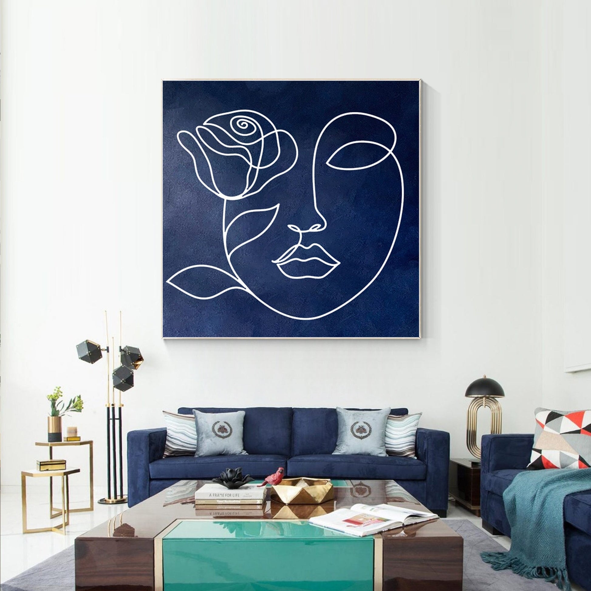 Navy Blue Abstract Painting: Picasso Line Art, Minimalist Living Room Decor #1