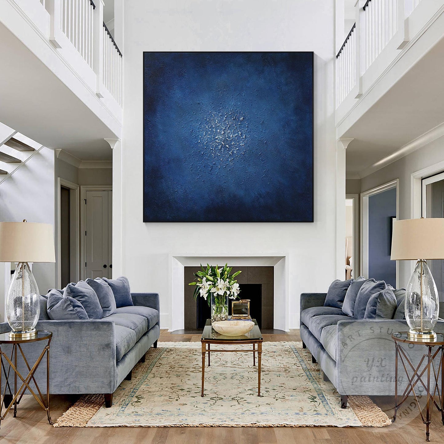 Navy Blue Abstract Textured Painting: Minimalist Framed Canvas Wall Art #2