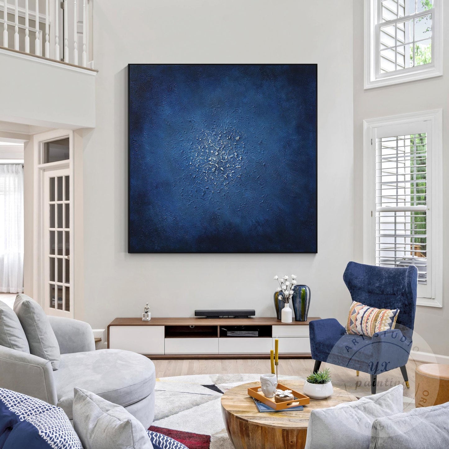 Navy Blue Abstract Textured Painting: Minimalist Framed Canvas Wall Art #3
