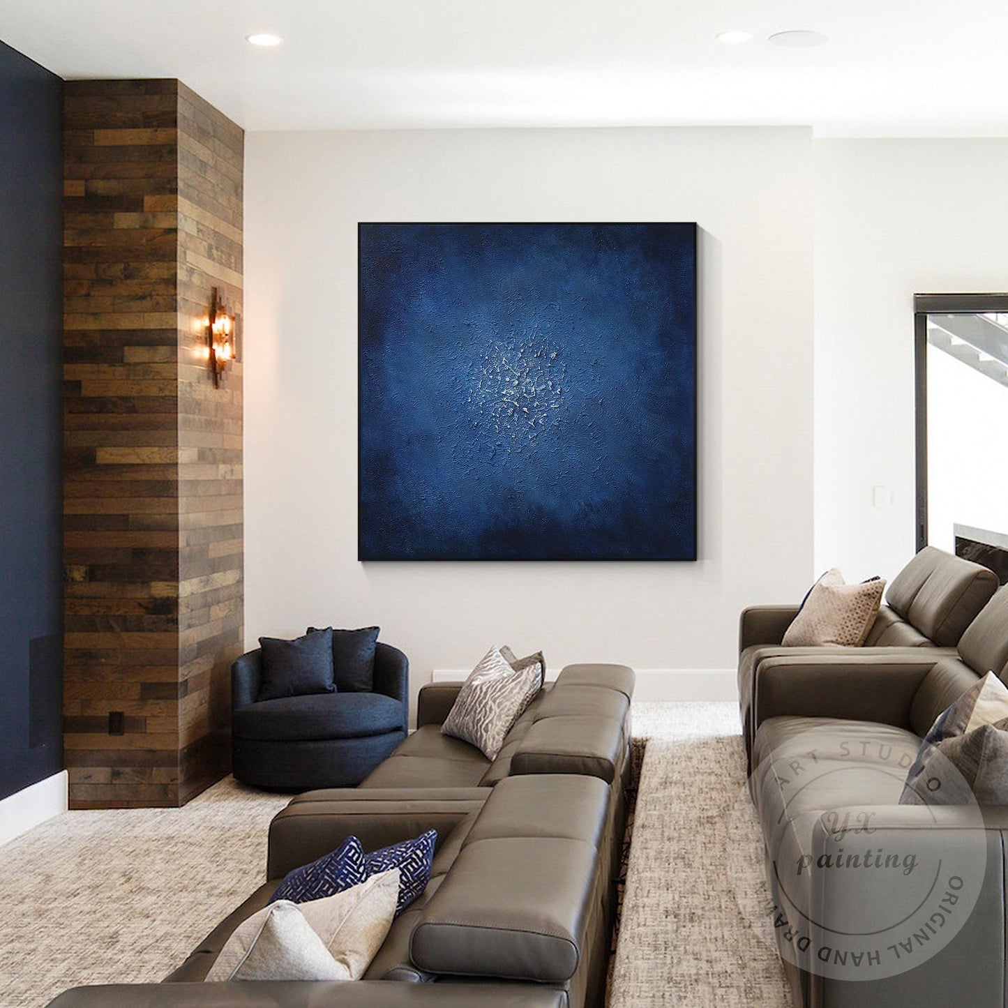 Navy Blue Abstract Textured Painting: Minimalist Framed Canvas Wall Art #4