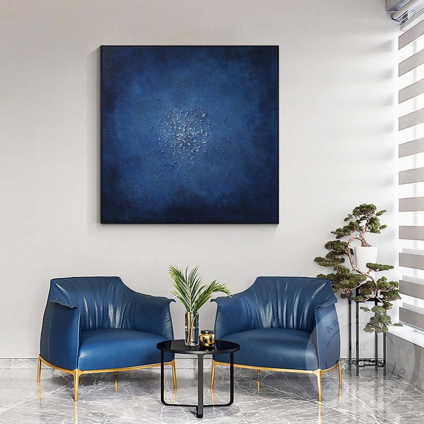 Navy Blue Abstract Textured Painting: Minimalist Framed Canvas Wall Art #5