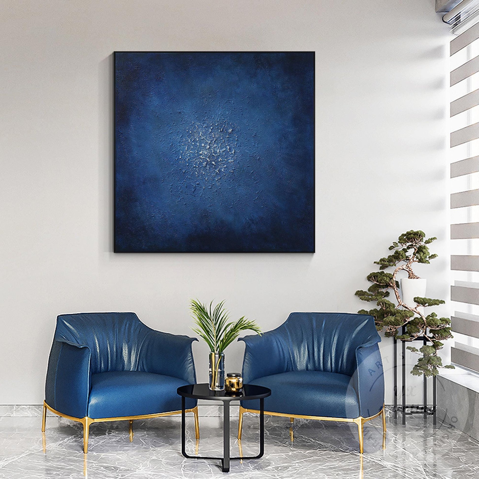 Navy Blue Abstract Textured Painting: Minimalist Framed Canvas Wall Art #5