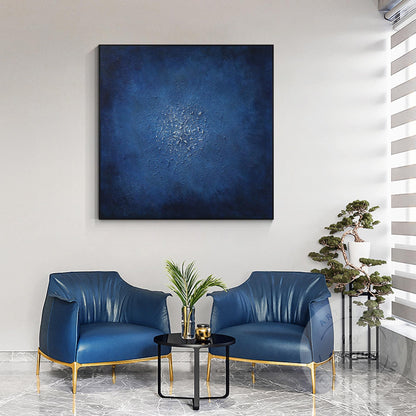 Navy Blue Abstract Textured Painting: Minimalist Framed Canvas Wall Art #5