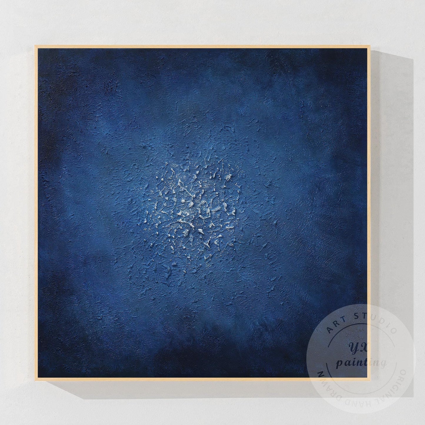 Navy Blue Abstract Textured Painting: Minimalist Framed Canvas Wall Art #7