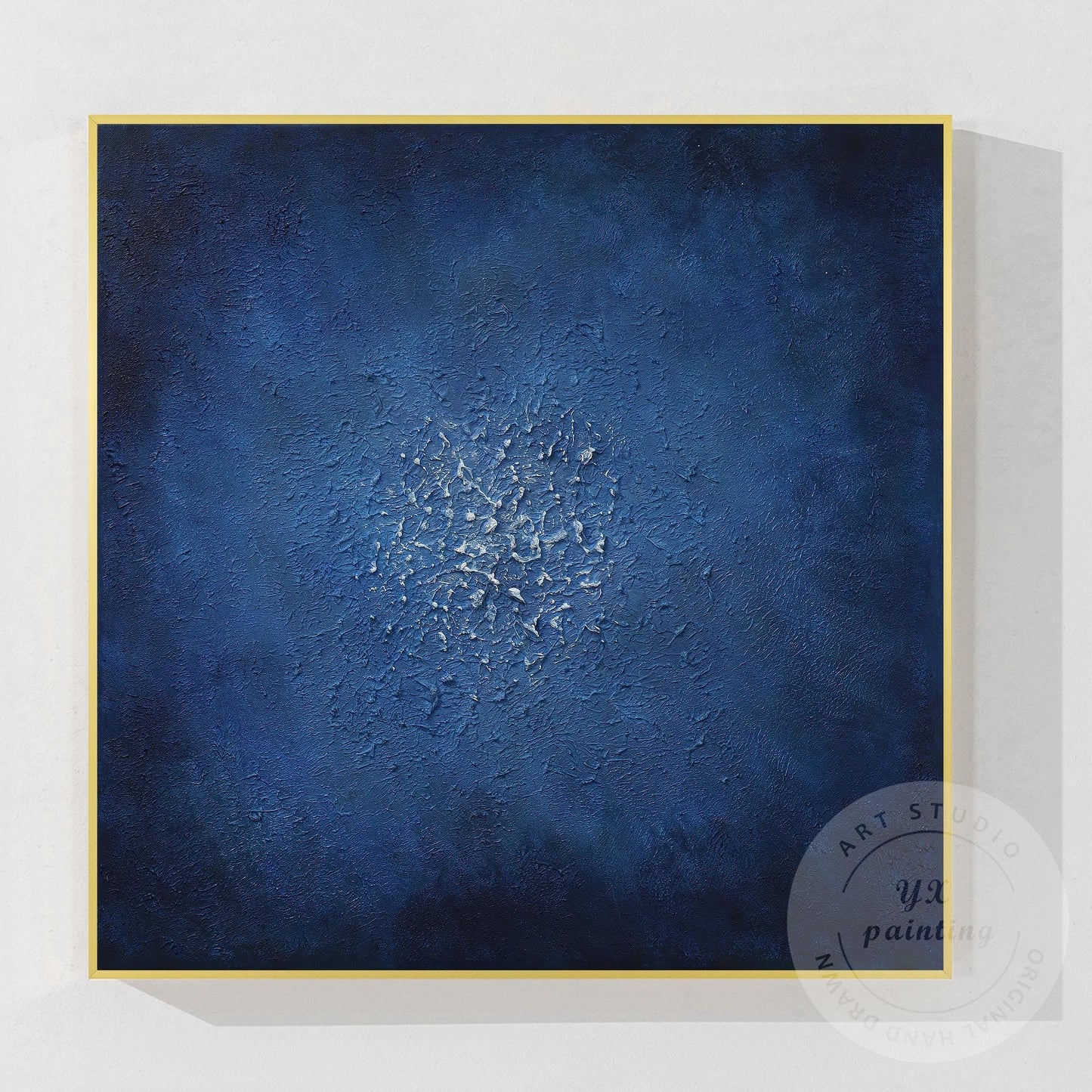 Navy Blue Abstract Textured Painting: Minimalist Framed Canvas Wall Art #8