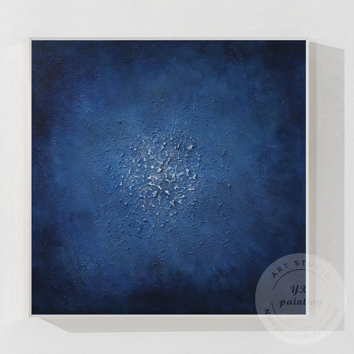 Navy Blue Abstract Textured Painting: Minimalist Framed Canvas Wall Art #9