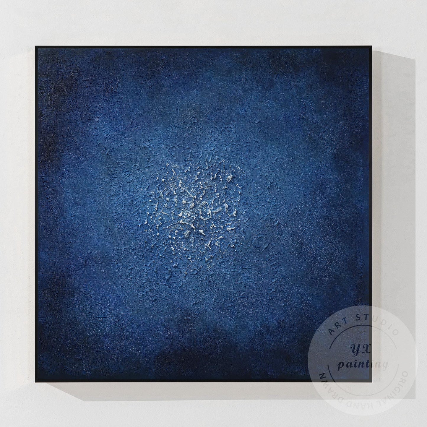 Navy Blue Abstract Textured Painting: Minimalist Framed Canvas Wall Art #10