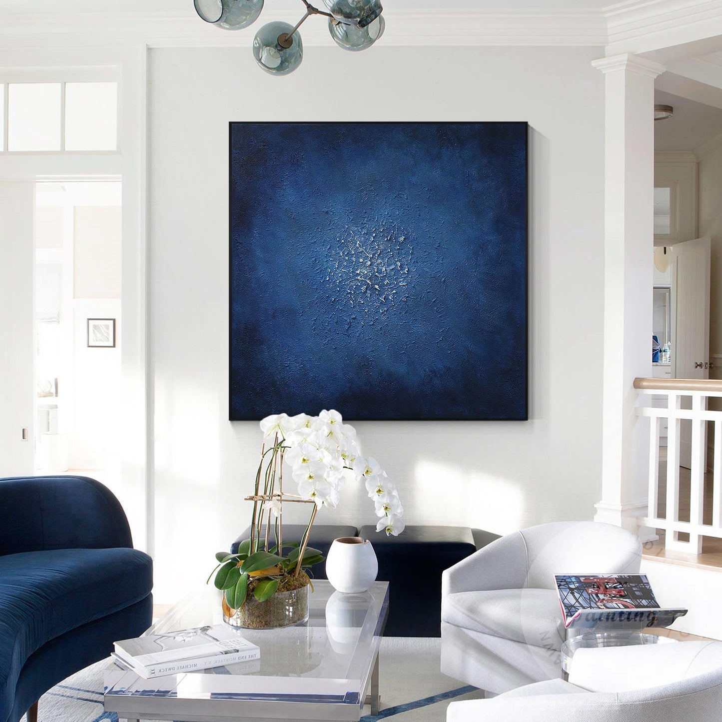 Navy Blue Abstract Textured Painting: Minimalist Framed Canvas Wall Art #1