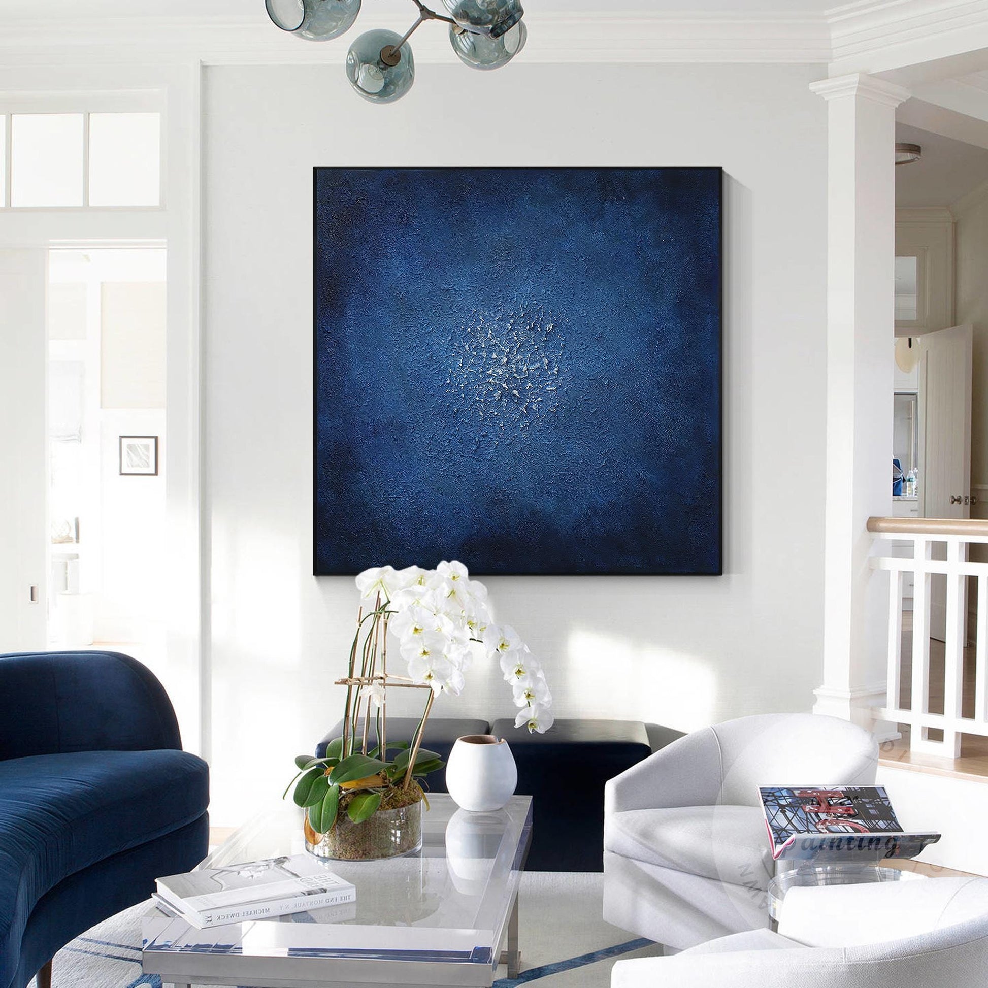 Navy Blue Abstract Textured Painting: Minimalist Framed Canvas Wall Art #1