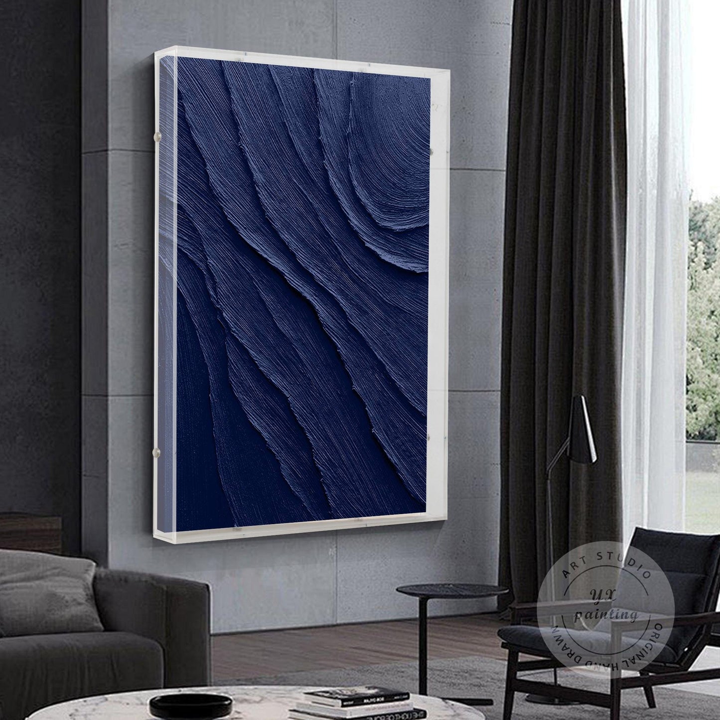 Navy Blue Art with a Acrylic Shadow Box Frame, Minimalist Painting on Canvas,  3 #4