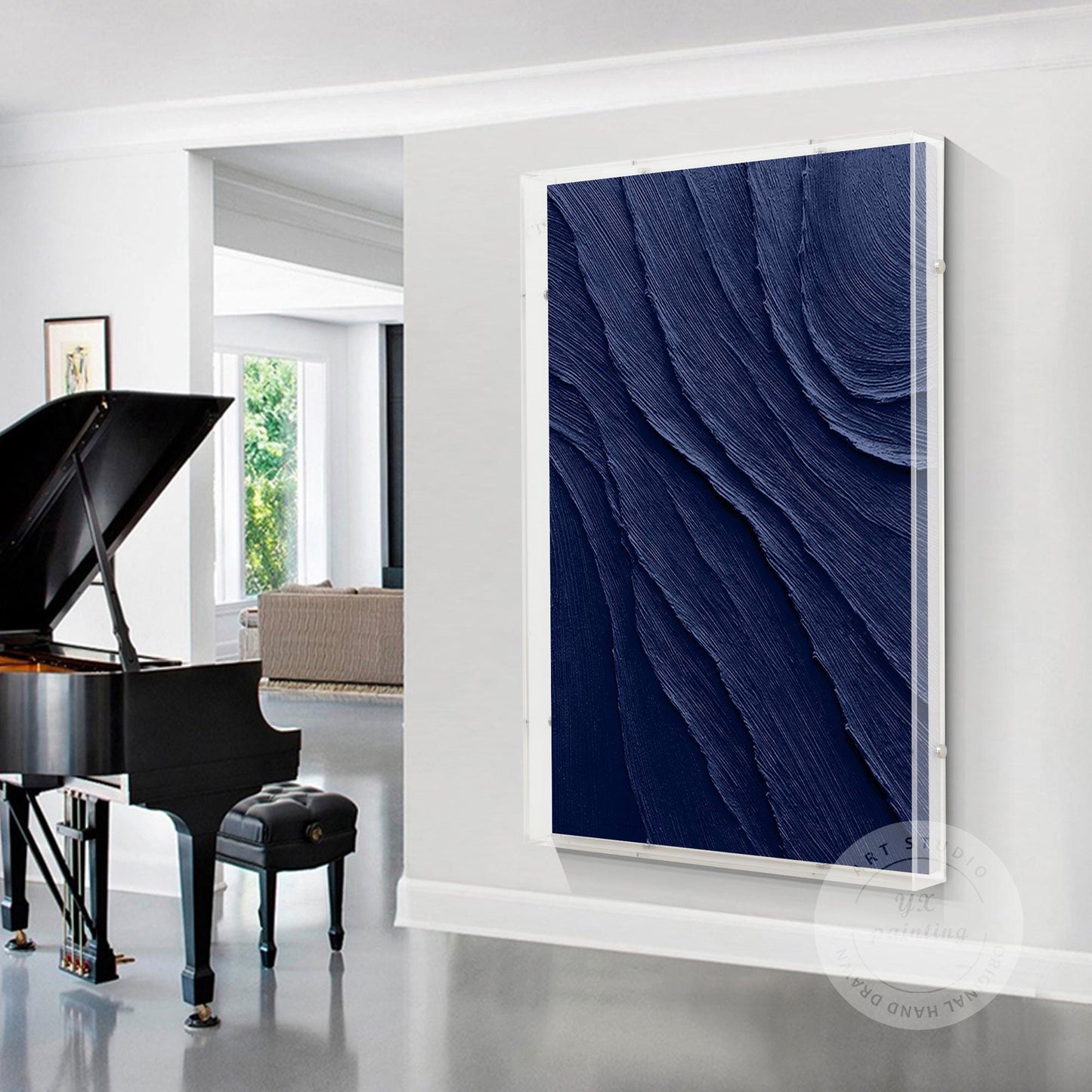 Navy Blue Art with a Acrylic Shadow Box Frame, Minimalist Painting on Canvas,  3 #5