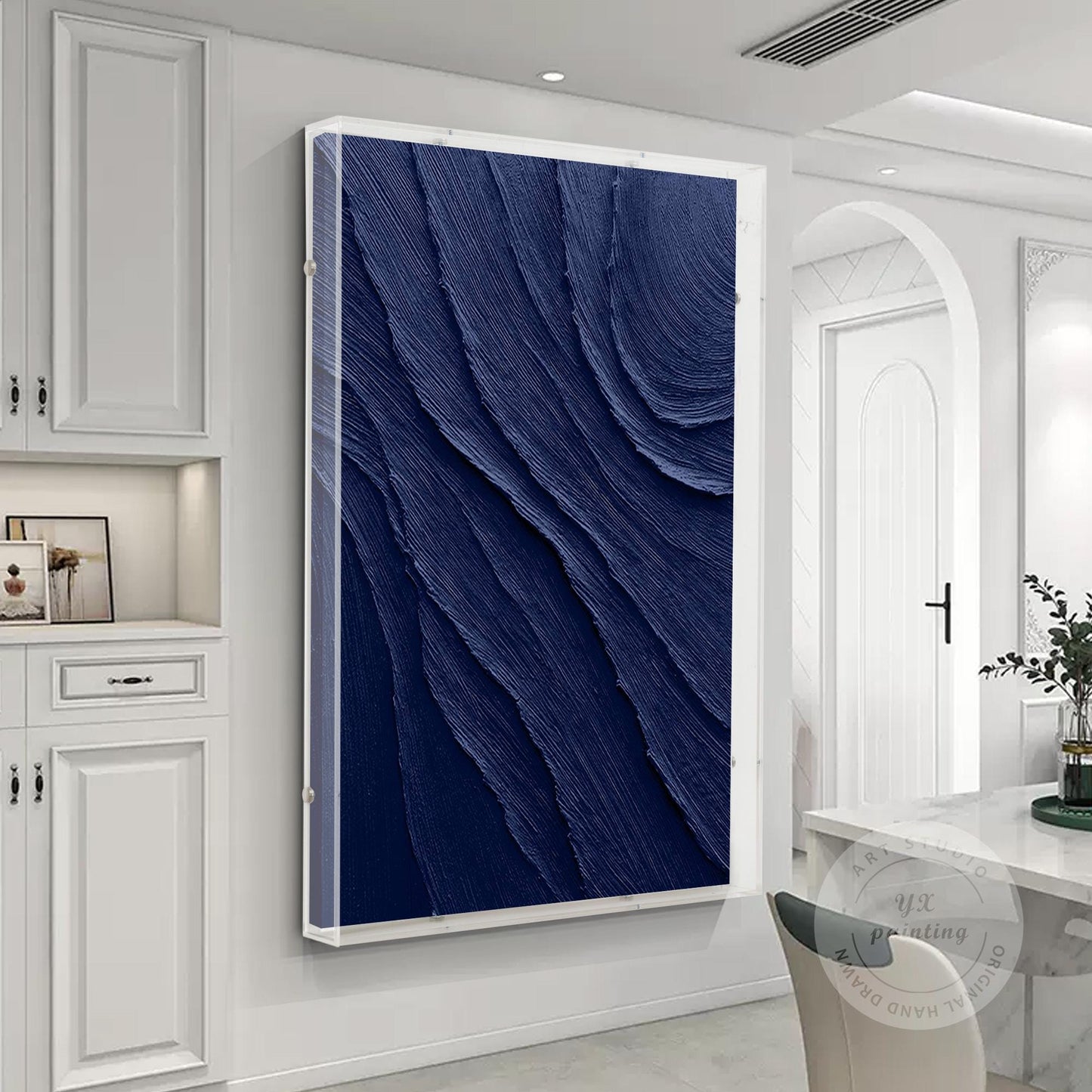 Navy Blue Art with a Acrylic Shadow Box Frame, Minimalist Painting on Canvas,  3 #1