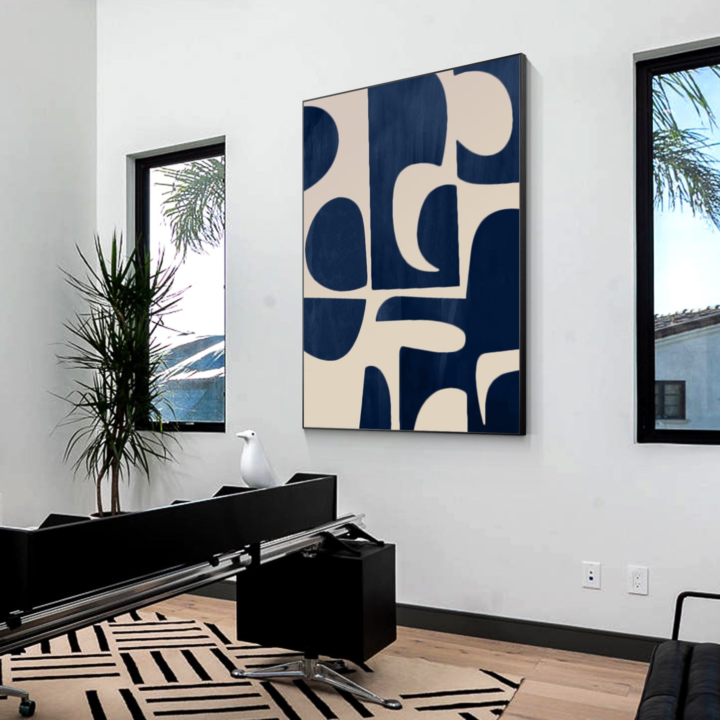 Navy Blue Beige Geometric Canvas Painting: Minimalist Abstract Wall Art #2